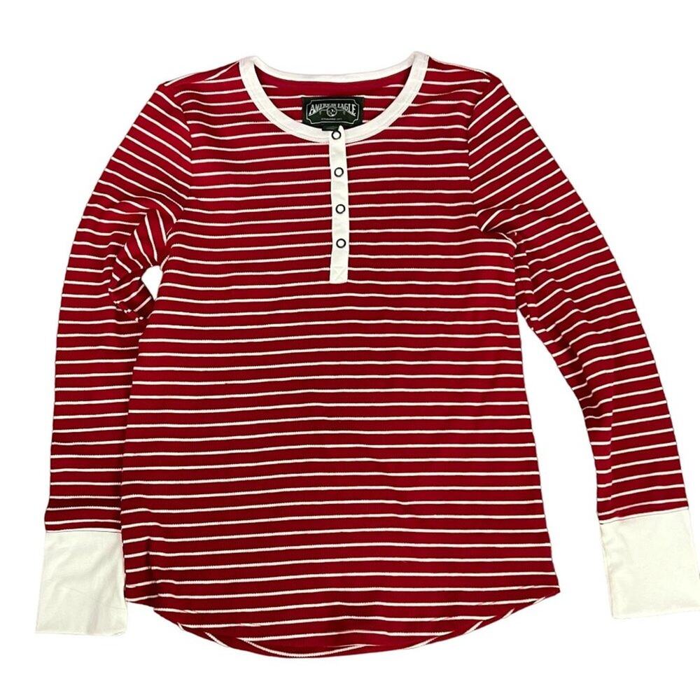 American Eagle Red White Stripe 2 Piece Thermal Pajama Set Womens Large